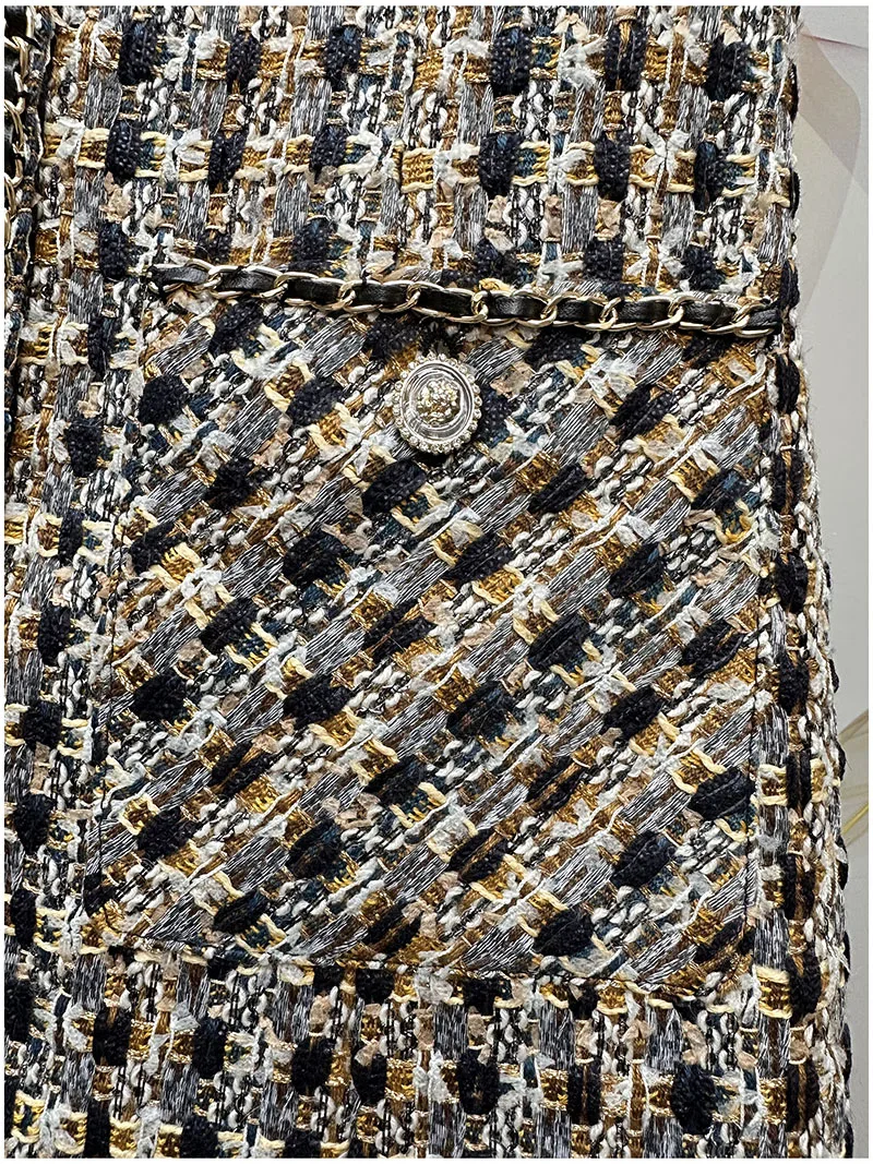 เดรสสั้นทรงเอเข้ารูปเอวสูง แขนกุด คอวี สไตล์วินเทจฝรั่งเศส ผ้าทวีดอเนกประสงค์ สำหรับผู้หญิง ฤดูใบไม้ร่วง