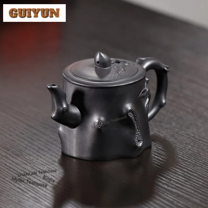 

320 мл антикварные чайники из фиолетовой глины Исин, горшок ручной работы, необработанная руда, черная грязь, чайник, китайский чайный сервиз Zisha, коллекция ремесел