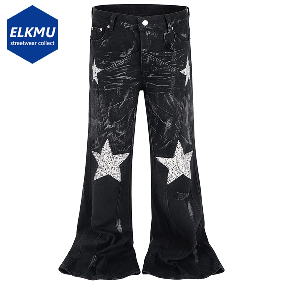 

Diamond Star Jeans Vintage Black Flared Denim Pants Rhinestone Graphic Patchwork Punk Jeans