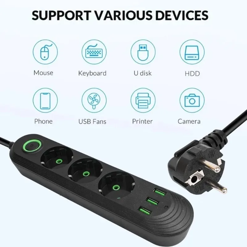 EU Plug AC Outlet 2500W Multiports Power Strip AC Outlet with 3USB Port 2m Extension Cable Round Pin Electrical Charger Adapter