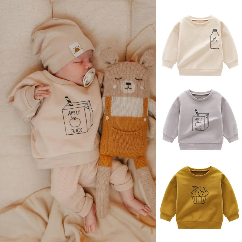 Baby Fashion Sweatshirts O-neck Milk Print Autumn Clothing Children Girls Organic Cotton Long Sleeves Pullover Loose Tops