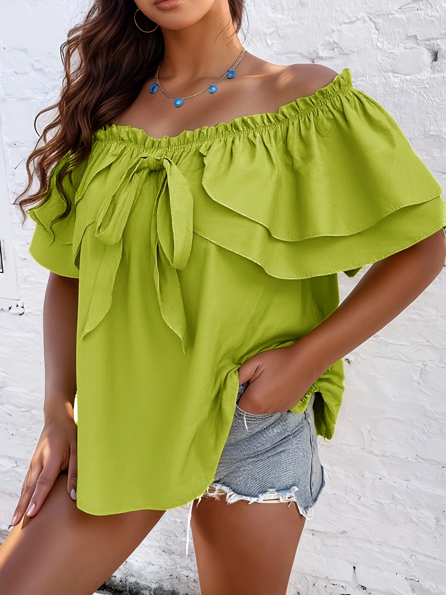 

Женская летняя рубашка для отпуска, Повседневная однотонная изогнутая одежда, милые топы без Плеч с бантом