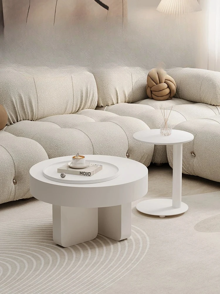 

-For Cream wind coffee table living room household small apartment modern simple movable creative round white minimalist French*