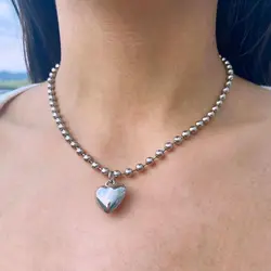 Trendy Grunge Y2K Chunky Ball Chain Puffy Heart Charm Choker Necklace Punk Dainty Star Pendant Necklace for Women
