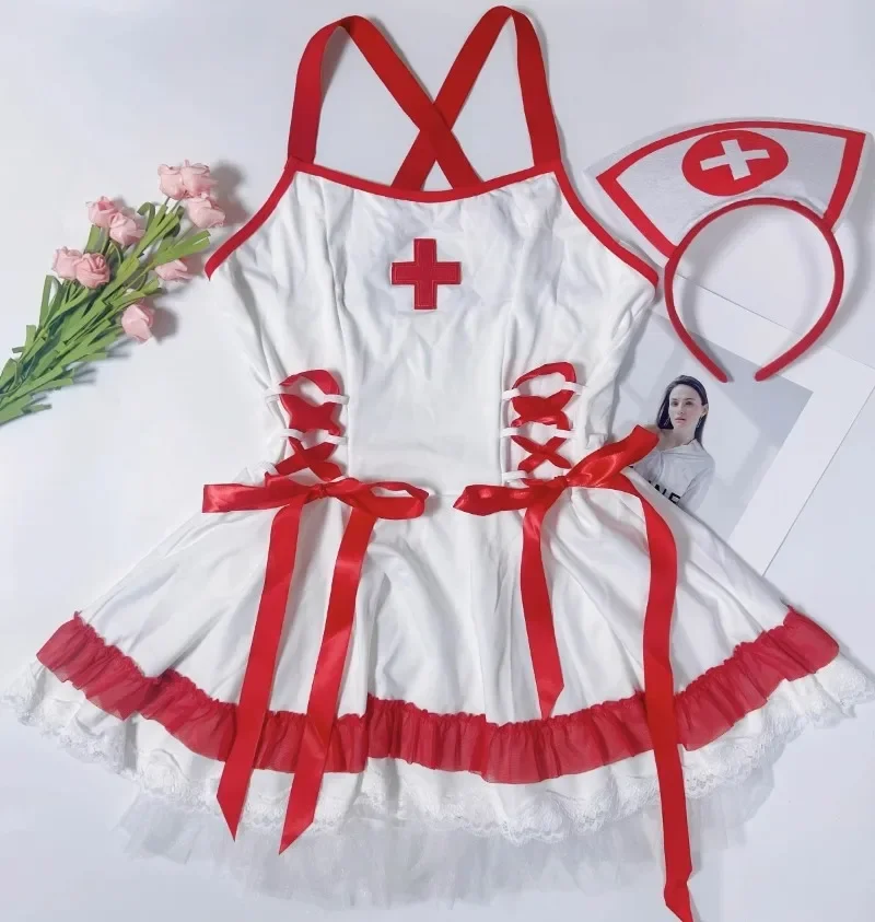 Hot Sale Sexy Role Playing Nurse Fun Uniform Sleeping Dress Spaghetti Strap Night Dress Women Nightgown Sleepwear Lingerie Dress