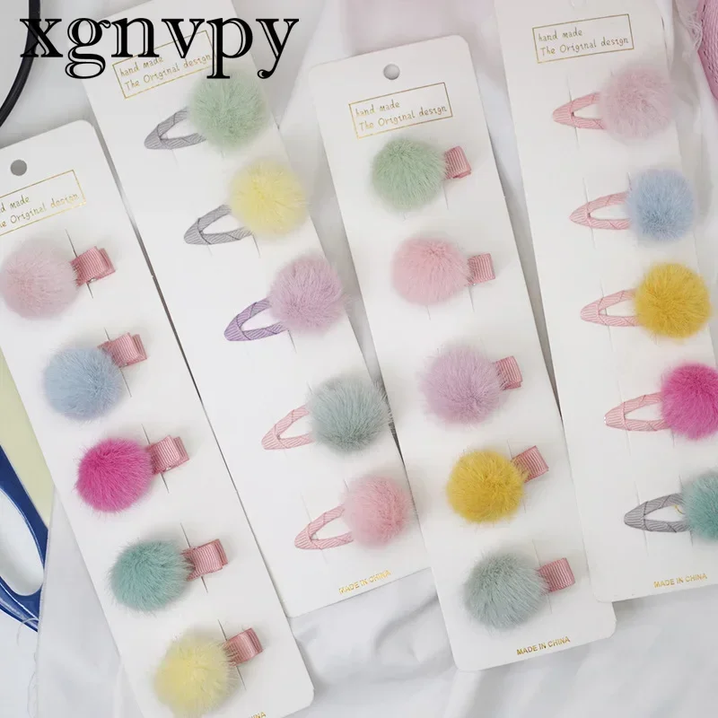 xgnvpy 5pcs/set Cute Girls Hairpins Small Lovely Soft Fur Pompom Mini Ball Hair Clips Children Headwear Kids Hair Accessories