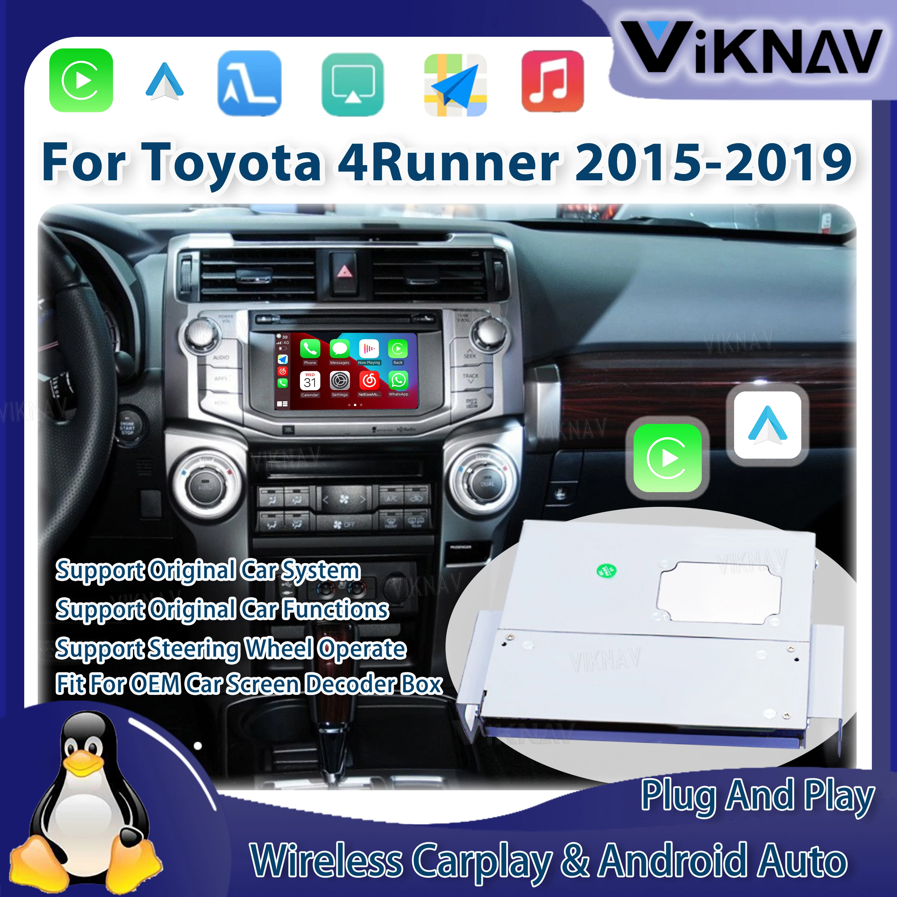 

Viknav для Toyota 4Runner 2014-2019, обновленный декодер, интерфейс, музыкальная беспроводная связь Apple CarPlay, Android Auto, GPS-навигация