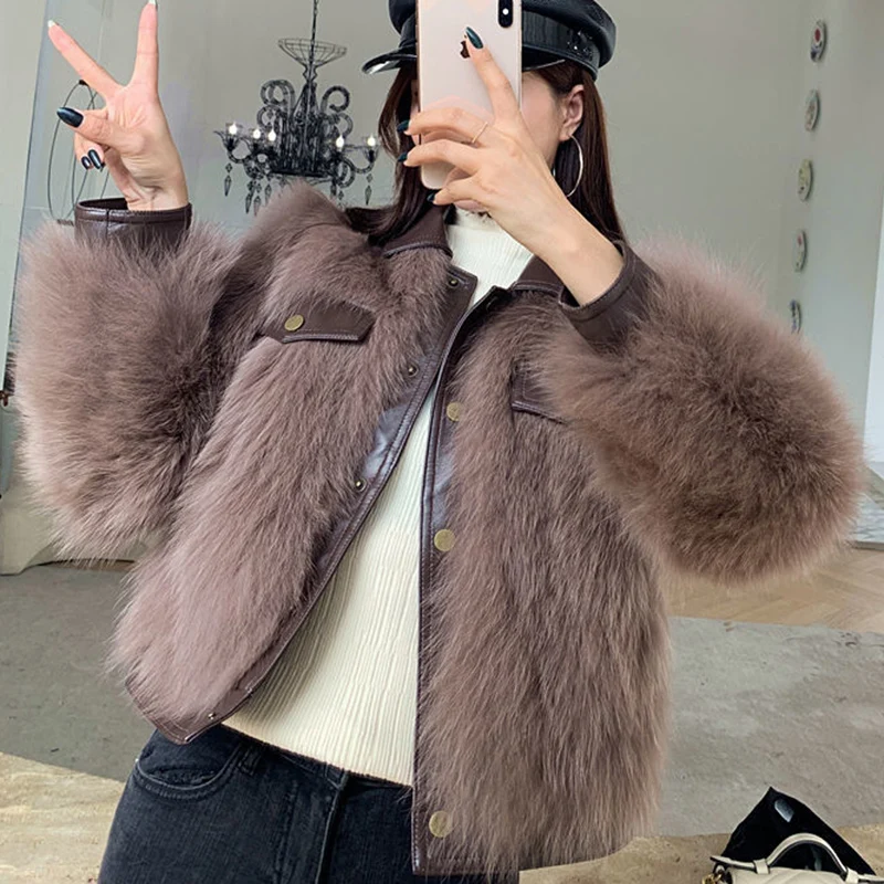 Pop Winter Warm Faux Fur Coats Women Nice Pu Leather Patchwork Cropped Jacket Woman Motocycle Style Turn Down Collar Jackets