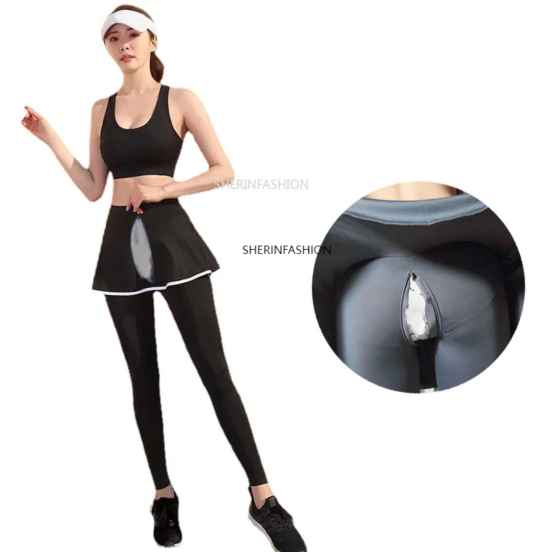 Invisible Open Crotch Sex Pants Women's Female Yoga Legging Skirt Pants Casual Fitness Culottes Tennis Pants Cropped Sport Skort