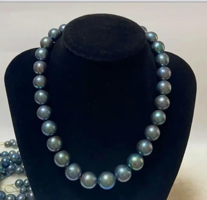 CHARMING 18'' 9-10MM SOUTH SEA TAHITIAN GENUINE BLACK BLUE ROUND PEARL NECKLACE