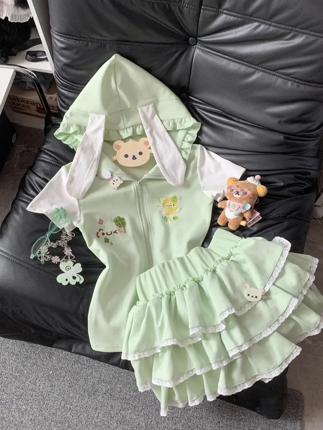 Fresh Green Two Piece Sets Womens Outifits Japanese Cute Short Sleeve Rabbit Ears Zip Up Hoodie + Lace Edge Puff Mini Skirt