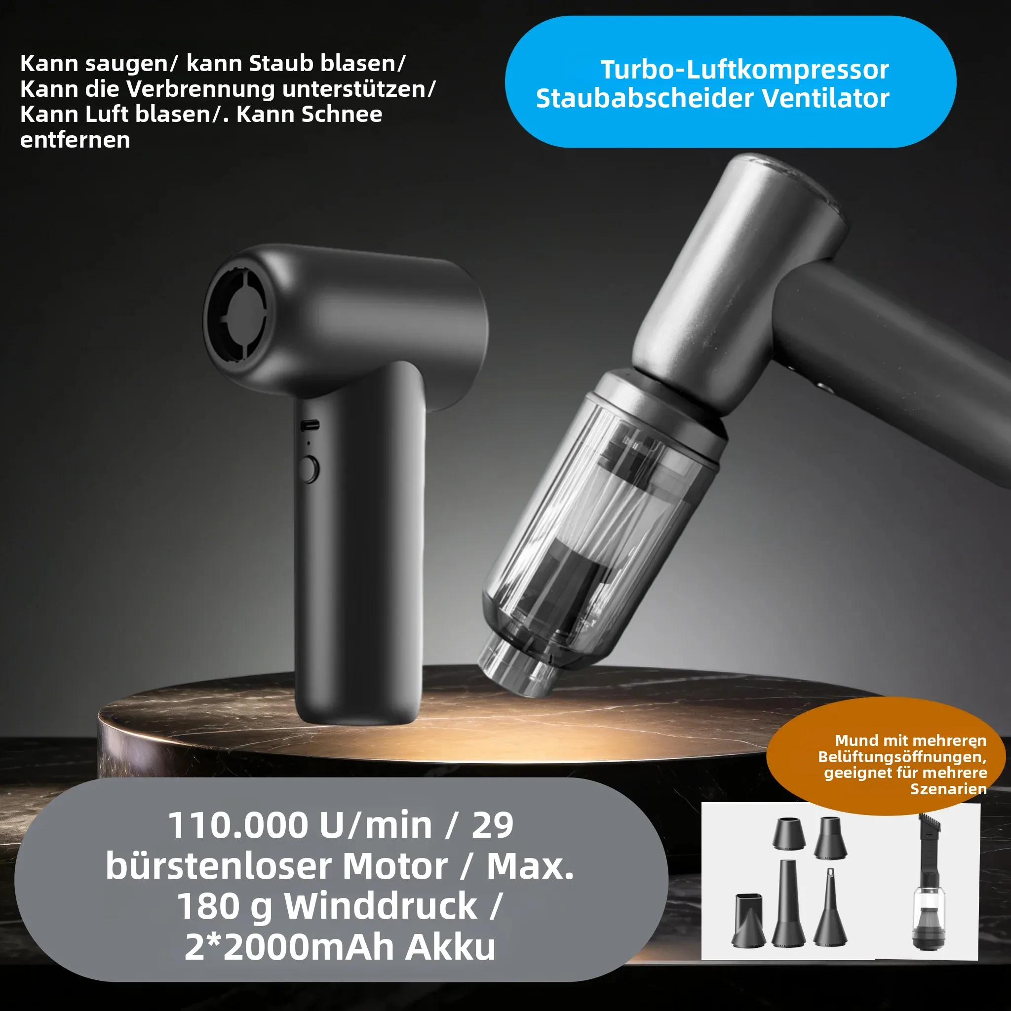 Bürstenloser Motor mit 110.000 U/min, Jet-Lüfter, 4000 mAh, Druckluftdüse, 180 g Schubkraft, tragbares Turbogebläse für PC und Autoreinigung, LED-Anzeige