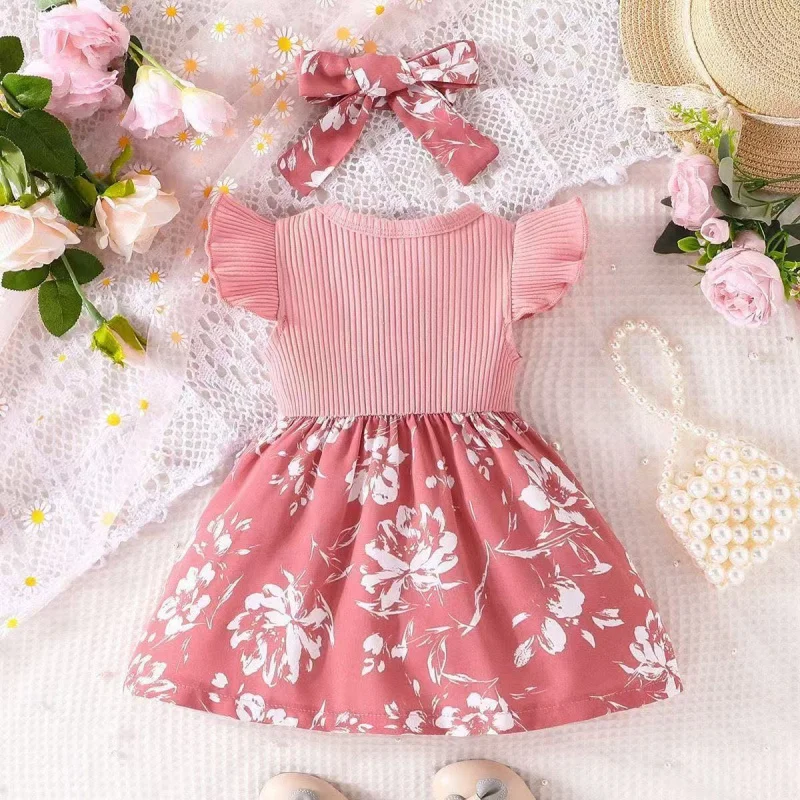 Sweet little girl's dress with bow and flutter sleeves for childreninsSummer breeze for babies0-2Princess dress