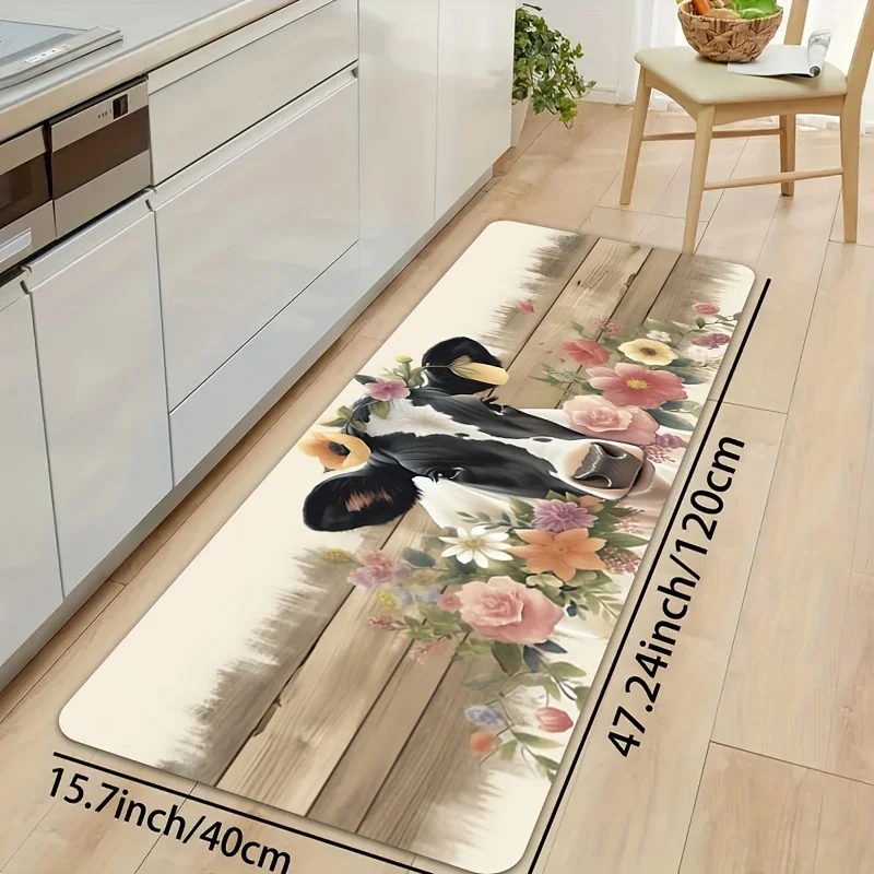 

Rustic Cow Floral Kitchen Runner Rug Non-Slip Washable Long Floor Mat Farmhouse Cow with Flowers Print Kitchen Laundry Hallway