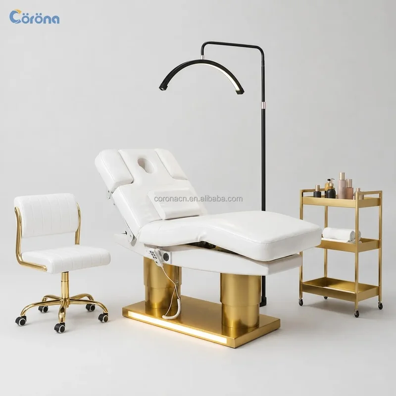 Comfortable Electric Massage Bed White Gold Beauty Salon Electric Cosmetic Facial Spa Lash Massage Table