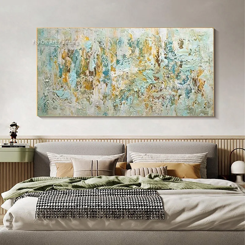 Abstract Green Beige Yellow Canvas Large Oil Painting New Handpainted Design Blue Yellow White Simple Flowers Wall Art For Decor