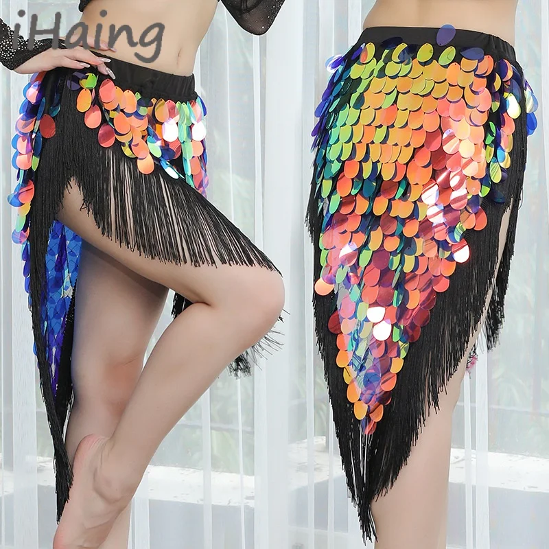 Women Sparkly Sequins Tassel Belly Dance Hip Scarf Long Lesson Wear Skirt Waist Belt Wrap Rave Outfit Stage Costume Clothes Suit