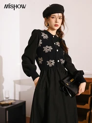 MISHOW 2024 Autumn Winter Women's Dress Splice Jacquard Waist Lantern Sleeve A-LINE O-Neck Female Knitted Dresses MXB38L1304