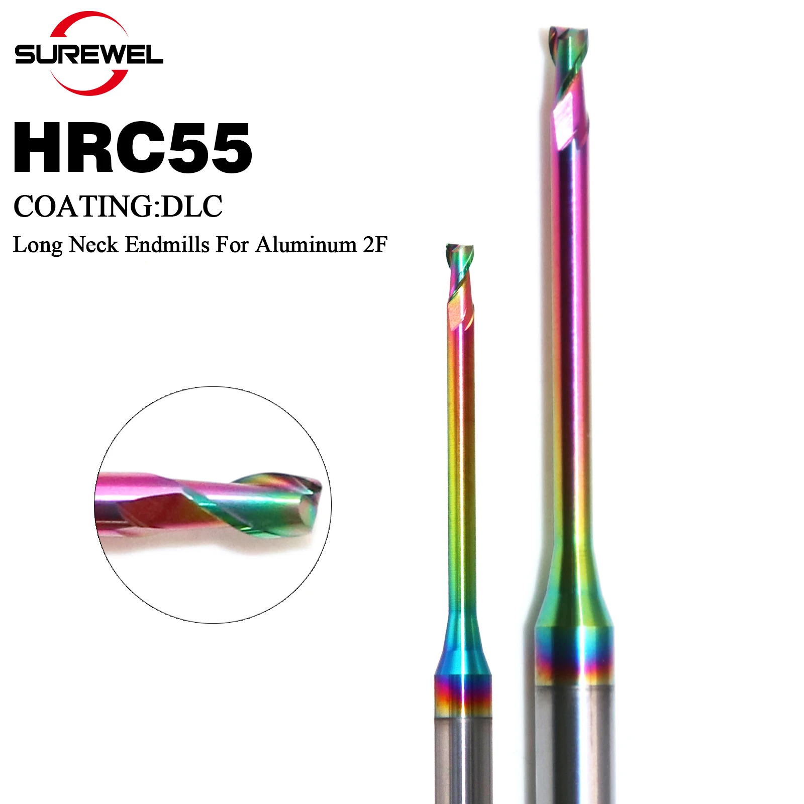 

SUREWEL carbide 2 Flute Deep Flute End Mill DLC Coating Long Neck Milling bit For Aluminum 0.2-3mm CNC Precision milling