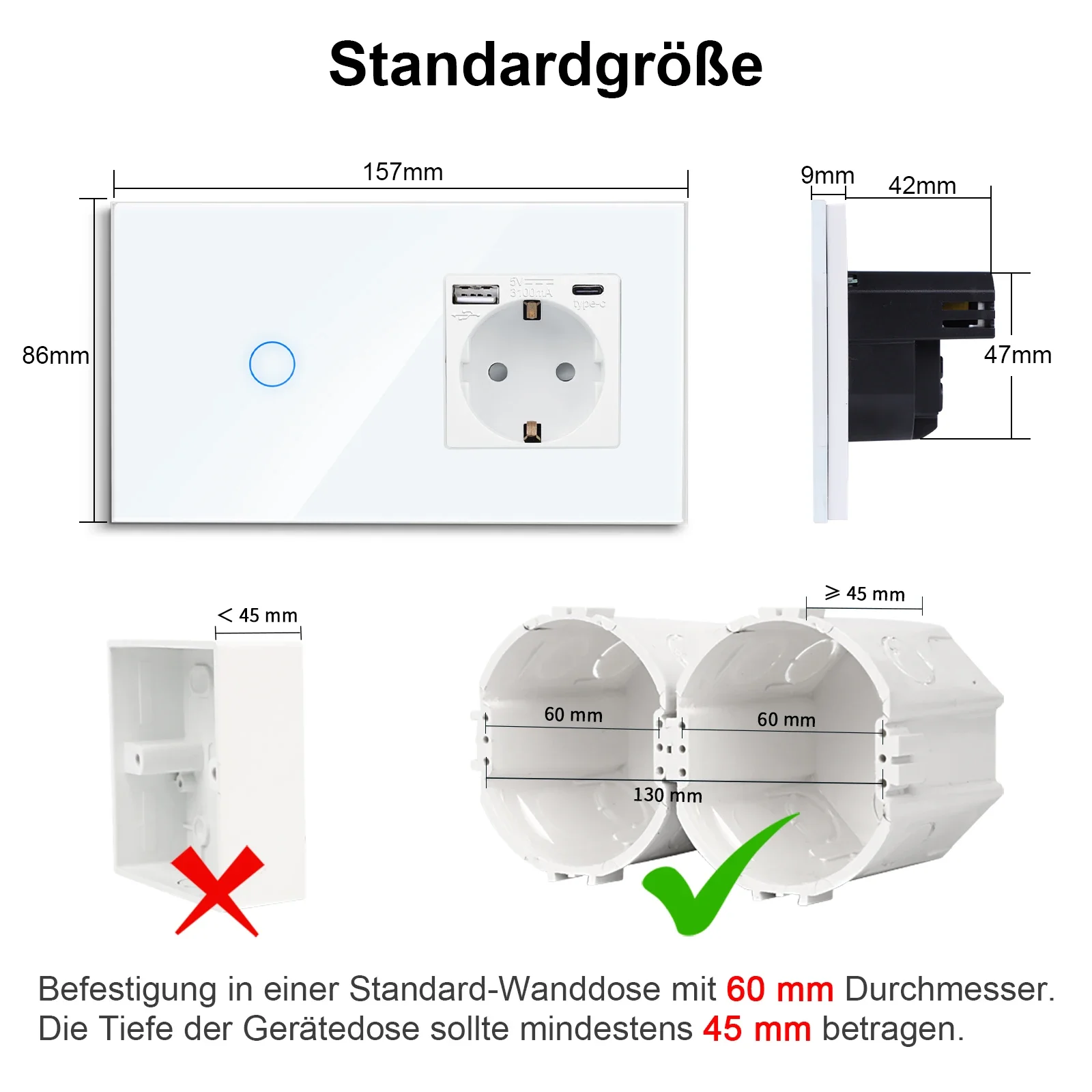 Bingoelec Tuya Smart Stair Switches Interruptor 2way and WiFi Socket White Crystal Glass Panel Wall Sockets with USB Type-C