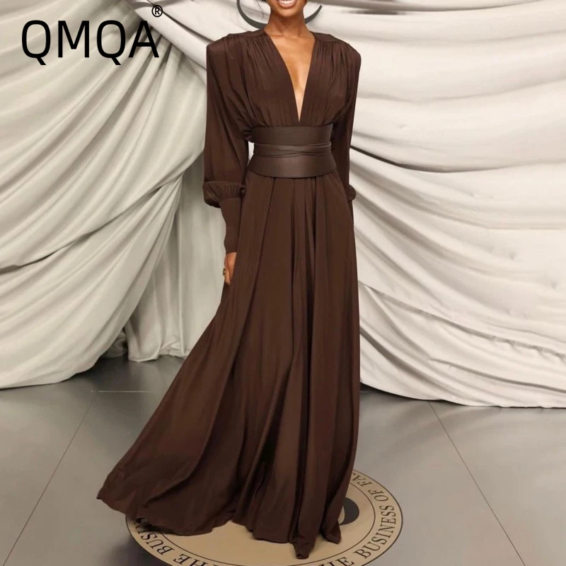 QMQA Fashion Women's Waistband Dresses Deep V Neck Long Sleeve High Waist Pleated Coffee Dress 2025 Spring New Clothing 1A949