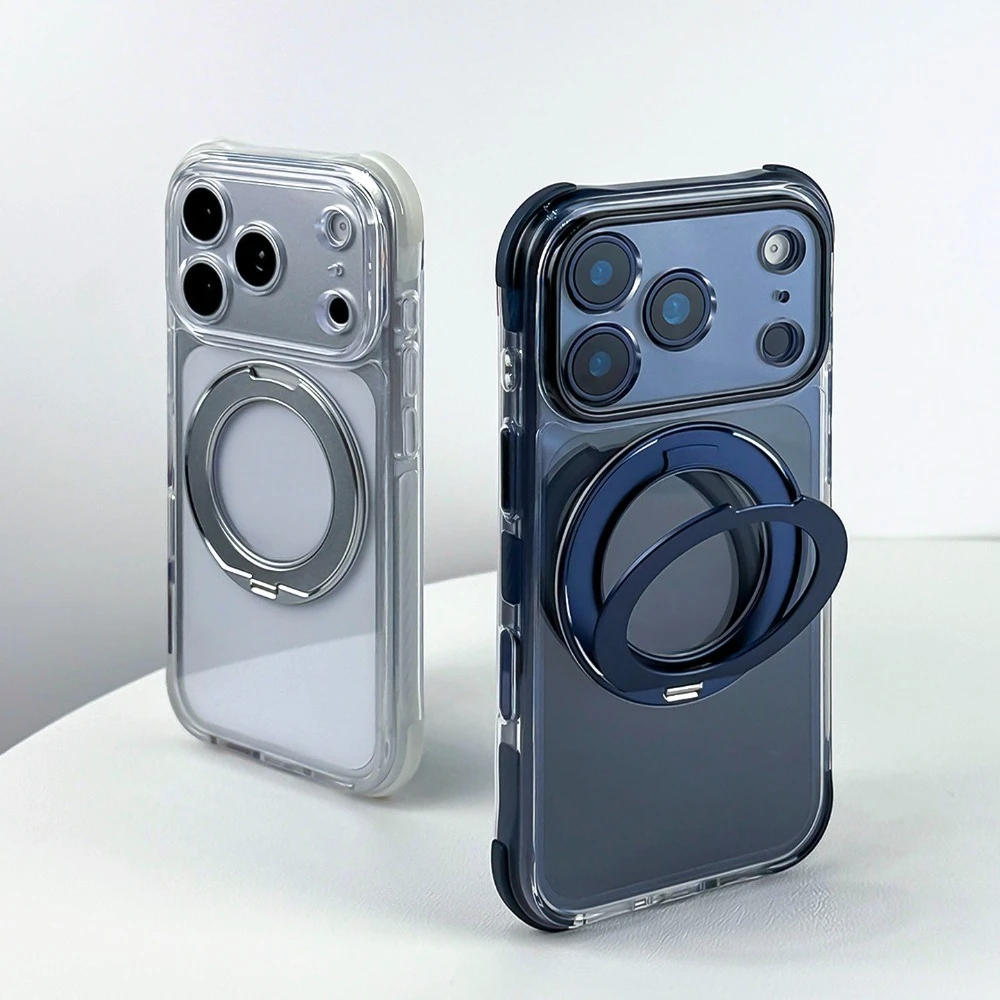 

For iPhone 17 Pro Max Case Navy Blue Clear Acrylic 360 Rotating Ring Stand Shockproof Cover Compatible with iPhone 16
