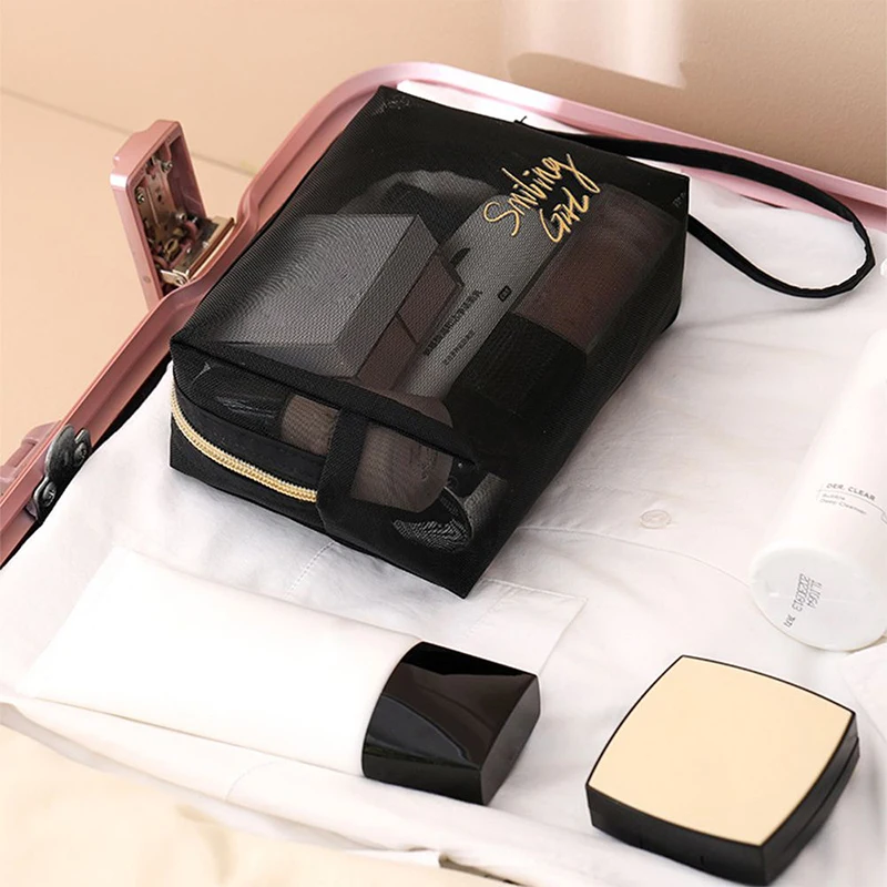 Preto malha saco de cosméticos viagem conveniente saco de toalete ao ar livre saco de armazenamento de viagem feminino caso de maquiagem organizador bolsa com zíper novo