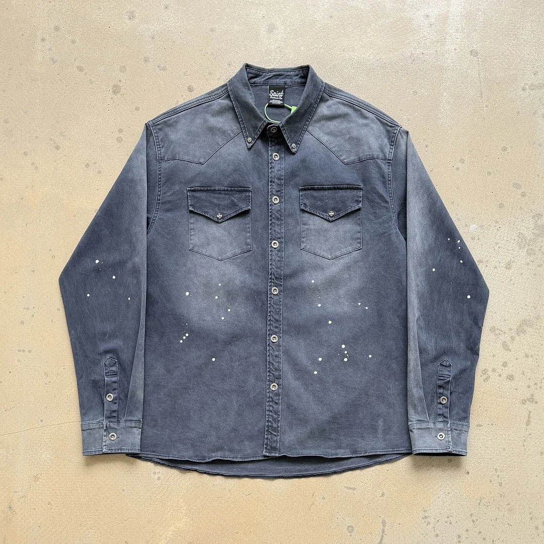 Saint 26AW Double-Shoulder Plant-Dyed Vintage Workwear Shirt Jacket Gradient washed faded effect hand-splattered ink Shirt