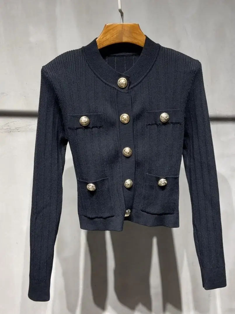 

Облегающий открытый кардиган из ледяного шелка с золотыми пуговицами, универсальный женский топ Faion Briti Sle Long Sve round...