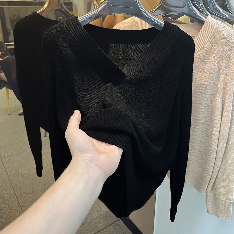 

Женский вязаный свитер больших размеров с V-образным вырезом, свободного кроя, средней длины, модный, универсальный, трендовый базовый слой