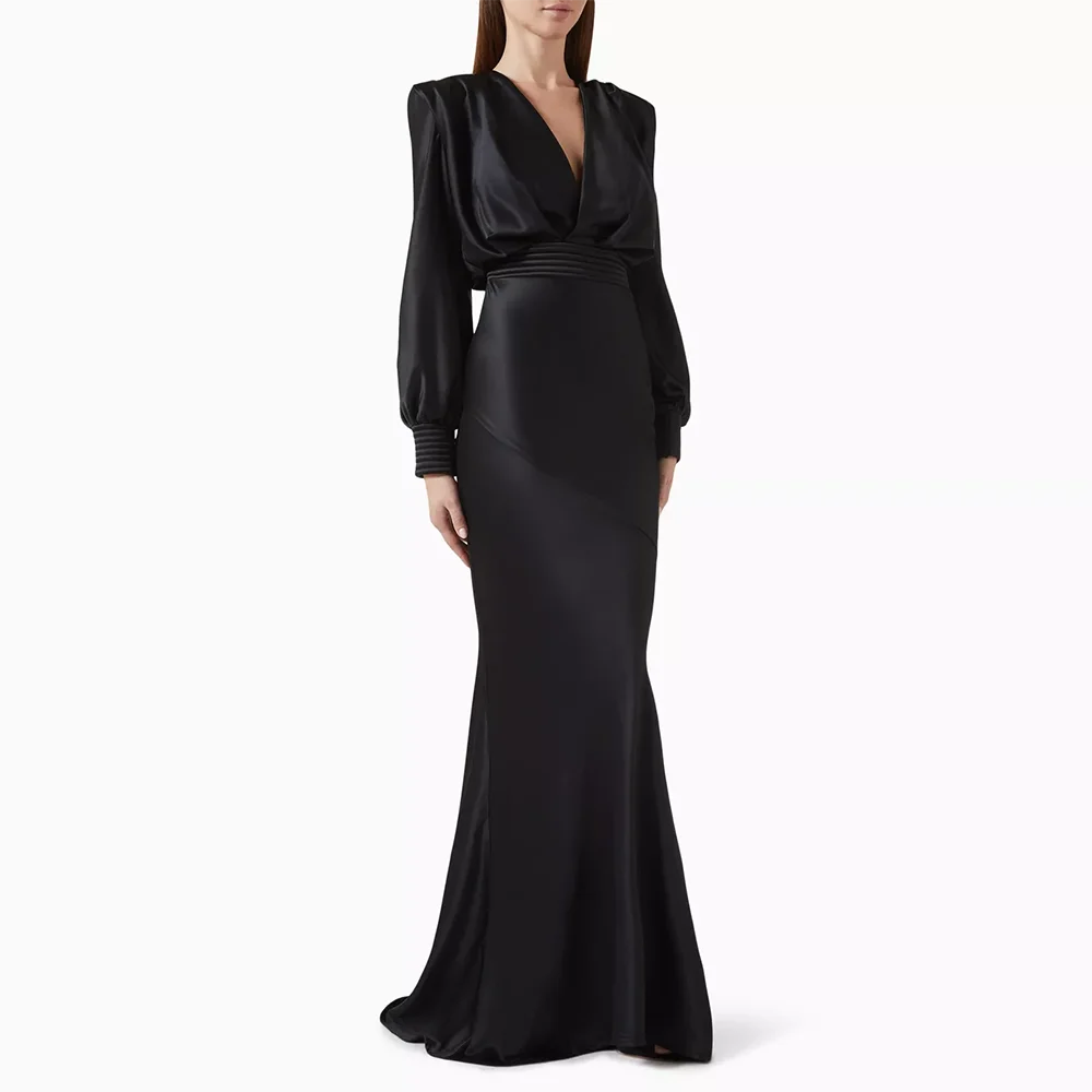 فساتين سهرة بسيطة على شكل حرف v وأكمام طويلة فساتين سهرة حورية البحر 2025 من الساتان بطول الأرض فساتين لحضور الحفلات الموسيقية حسب الطلب