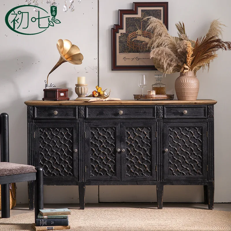 Medieval style home solid wood porch cabinet, age sense antique furniture decorative cabinet, personalized engraving four-door l