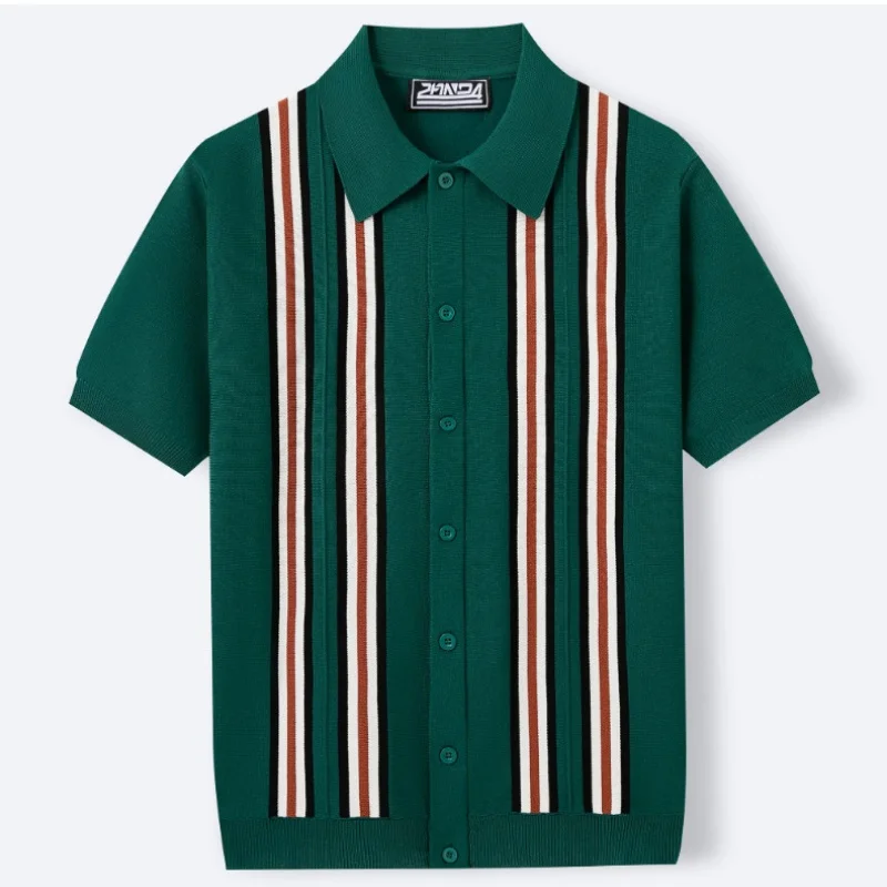 Men's Forest Green Striped Knit Button Shirt Short Sleeve Casual Summer Holiday Streetwear Knitted Tops
