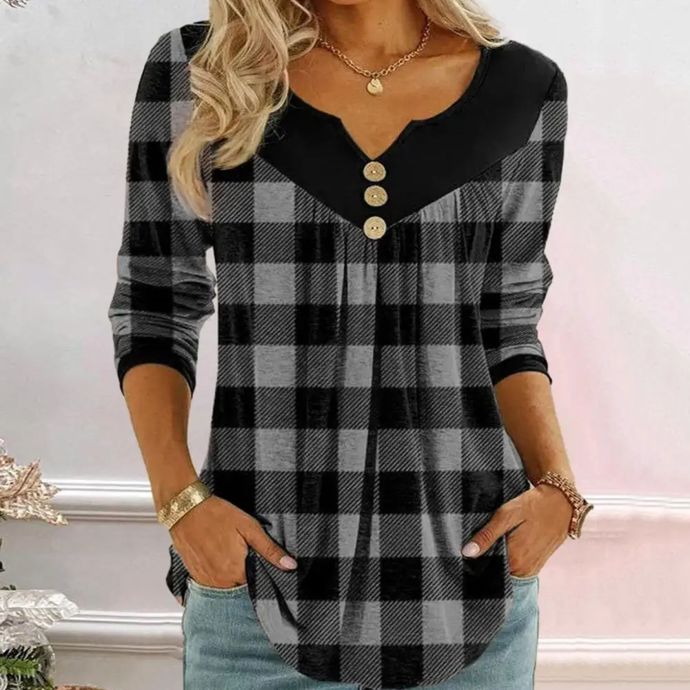 

V-neck T-shirt Stylish Women's Christmas Plaid Blouse V-neck Tunic Tops with Long Sleeves Button Decorations Mid-length