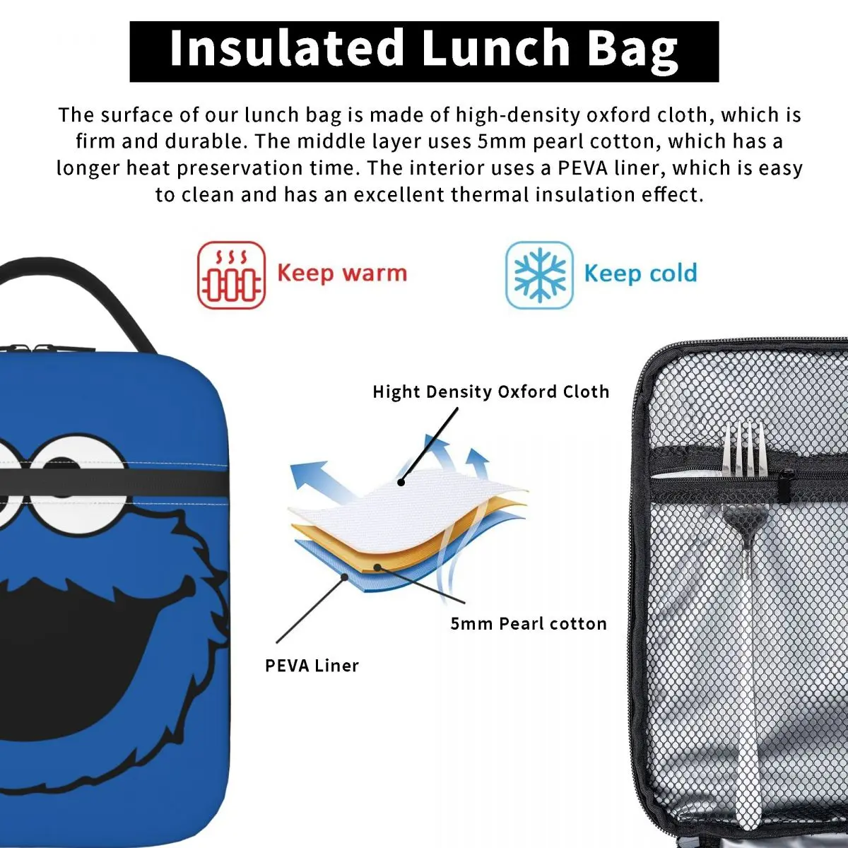 Cartoon Sesame Street Insulated Lunch Bag for Outdoor Picnic Cookie Monster Resuable Thermal Cooler Lunch Box Women Children