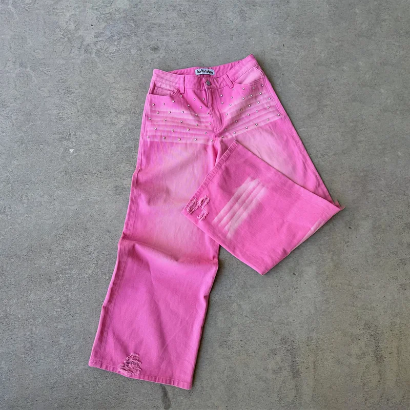 الوردي التدرج المسامير الديكور عالية الخصر خمر المتعثرة حفرة واسعة الساق الجينز Y2K الاتجاه الرجال النساء موضة غير رسمية الشارع الشهير #3