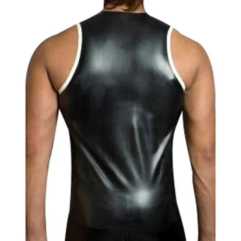 

customized Black And White Sexy Latex Vest Shirts Zipper At Front Stripes At Two Sides Sleeveless Rubber Top