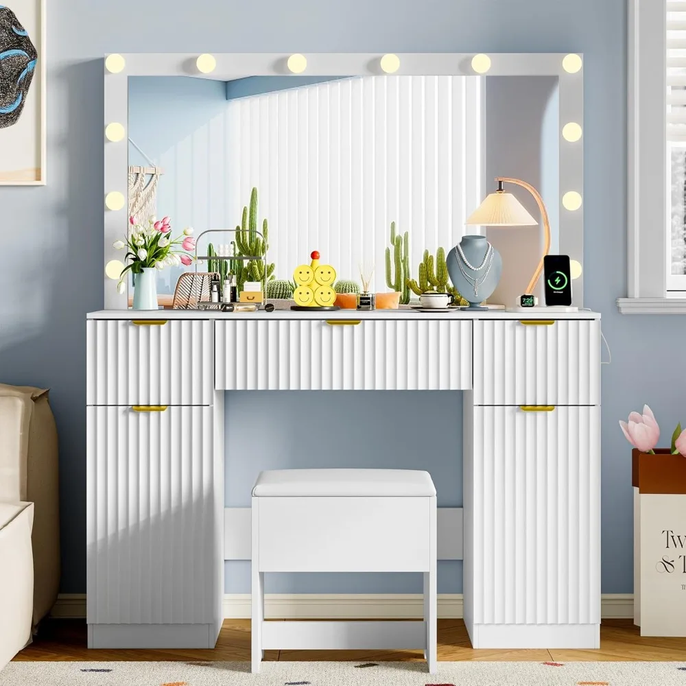

Vanity Desk with Large 42" Mirror and Lights,White Fluted Makeup Table Set with Storage Drawers,Power Outlet & Stool,3 Lighting