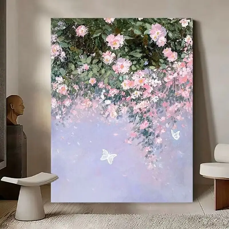 Light Luxury Dining Room Hanging Painting Pink Flowers Pure Hand Drawn Oil Painting Corridor Sofa Background Decoration Painting