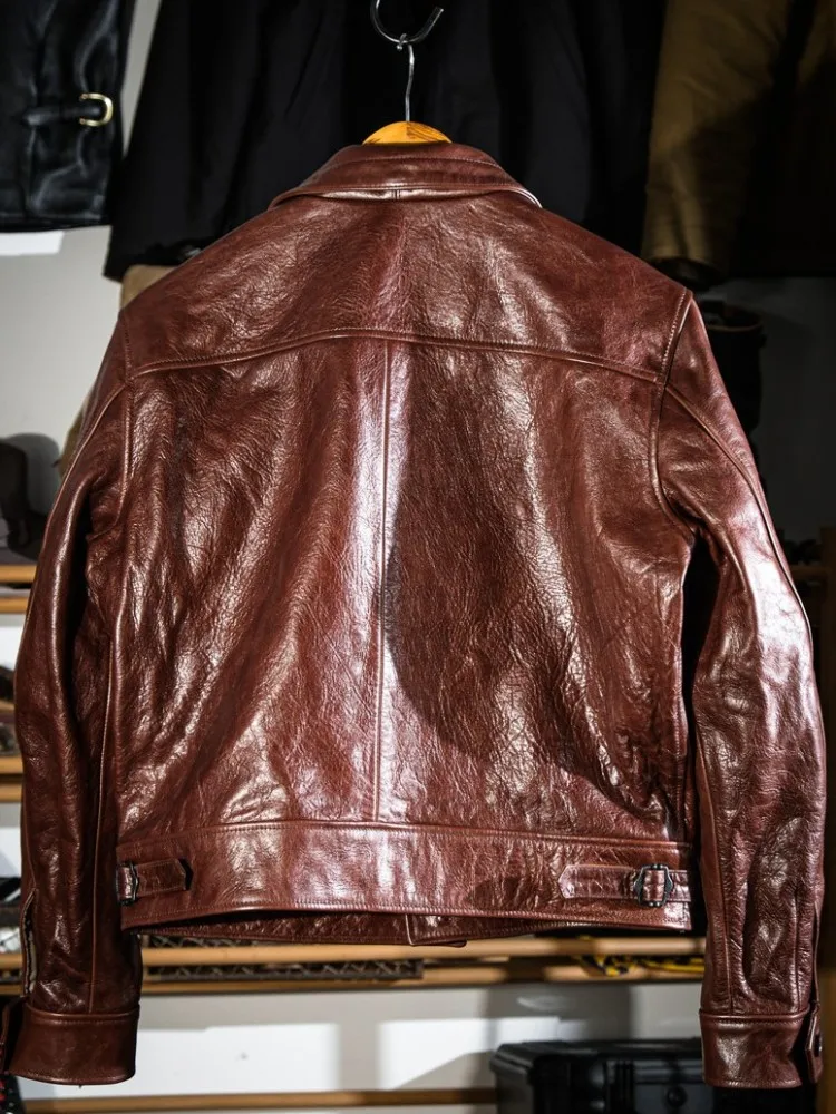 Retro Male Turn Down Collar Straight Genuine Leather Jacket Solid Color Horsehide Long Sleeves Men Single-Breasted Outerwear