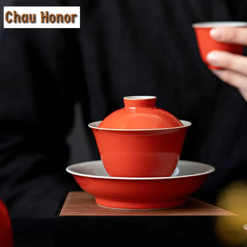 

160ml Persimmon Red Ceramic Sancai Covered Bowl TeaCup Handmade Household Puer Kungfu Teaset Tea Ceremony Accessories Drinkware