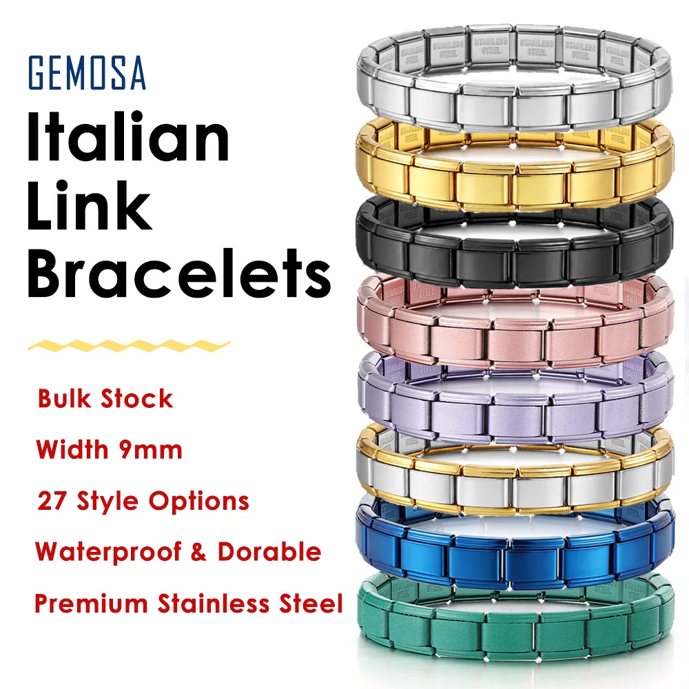 GEMOSA Basic Colour 9mm Stainless Steel Italian Charm Link Bracelets for Women Men Trendy Accessory Jewelry Bulk Wholesale