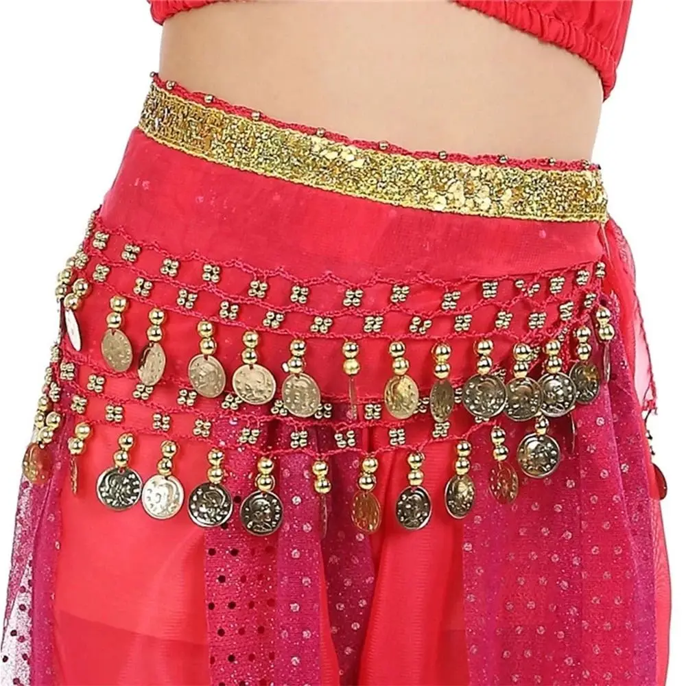 Nuovi bambini Monete di metallo Catena in vita Chiffon Moda Sciarpa dell'anca Cintura di danza indiana Costumi di performance Catena per cintura in vita Dacning