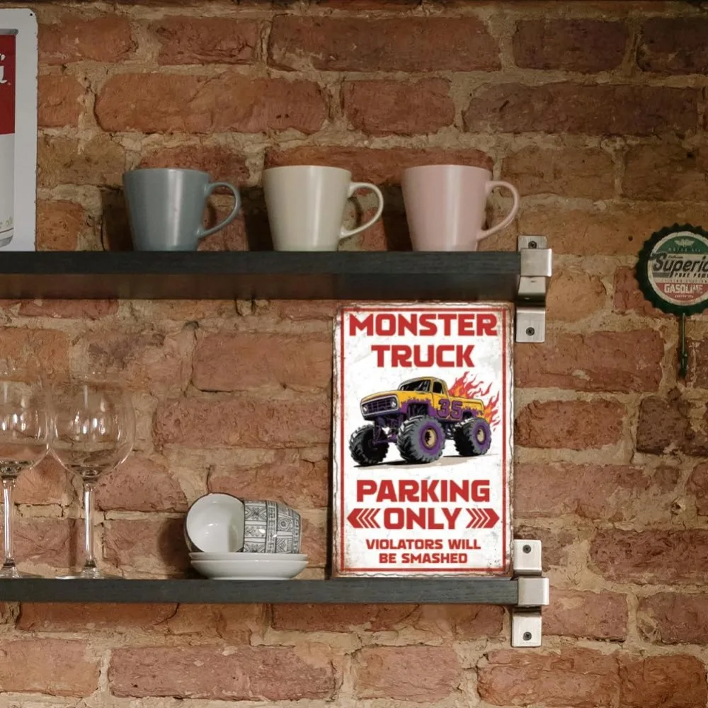 Monster Truck Vintage Metal Tin Sign 7.9x11.8 Inch Monster Truck Parking Only Metal Home Signs for Men Funny Wall Art Poster