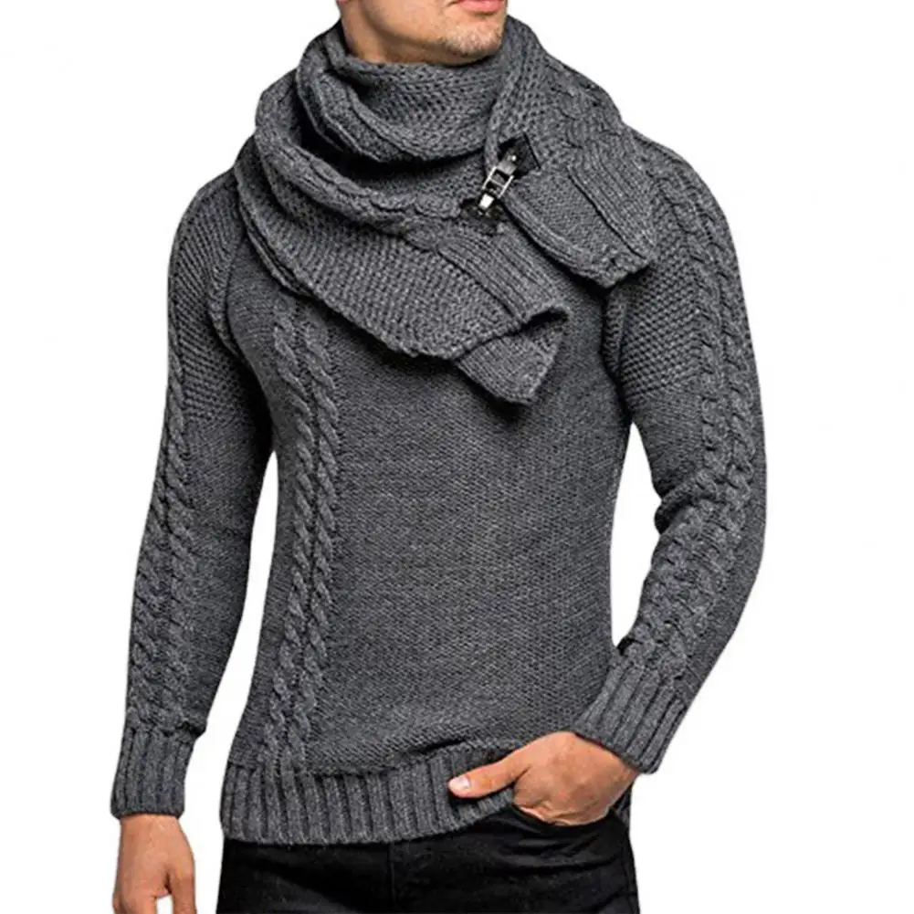 2Pcs/Set O-Neck Long Sleeve Twist Ribbed Cuffs Men Sweater Scarf Autumn Winter Solid Color Thickened Warm Sweater Jumper Scarf