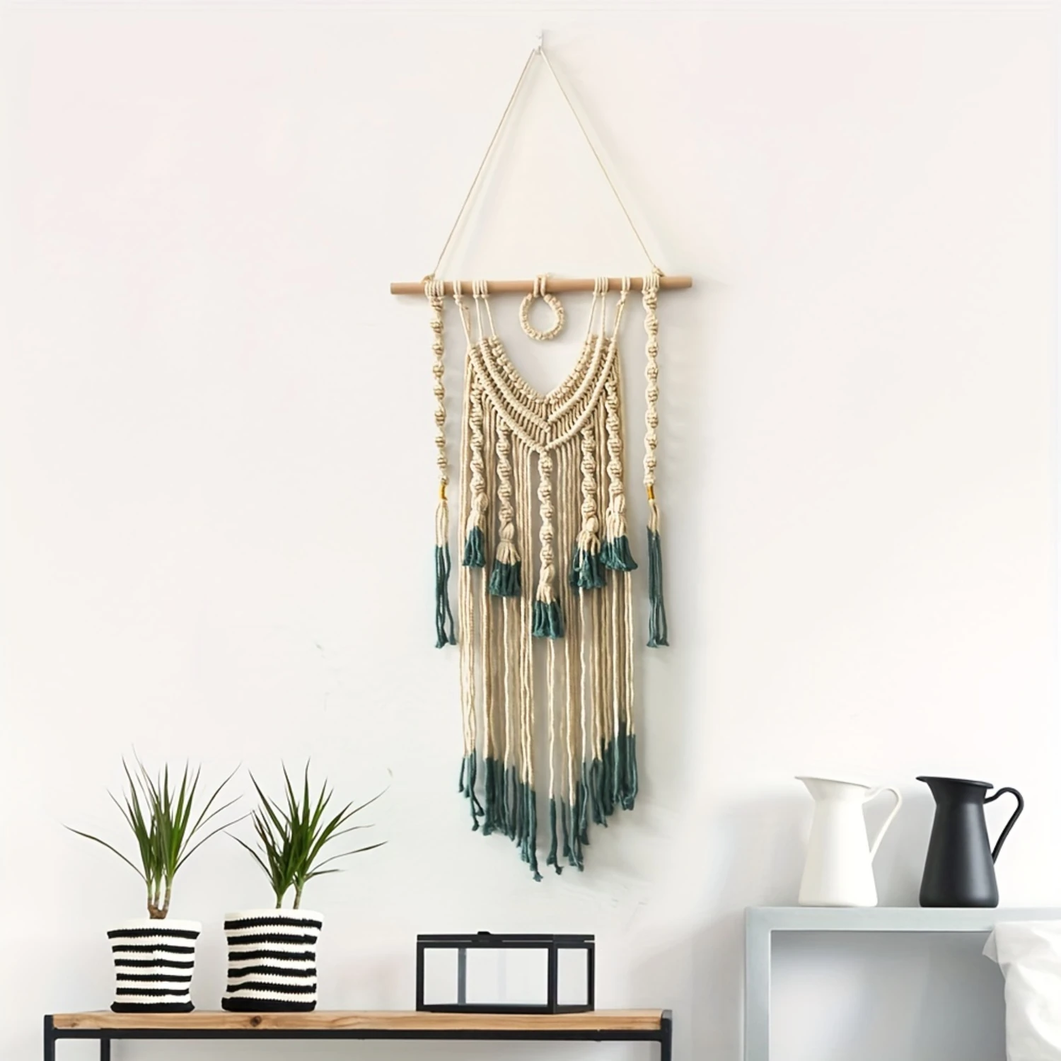 1pc Bohemian Tapestry Green And Beige Woven Tapestry With Tassel, Macrame Wall Hanging For Bedroom Living Room  Decor