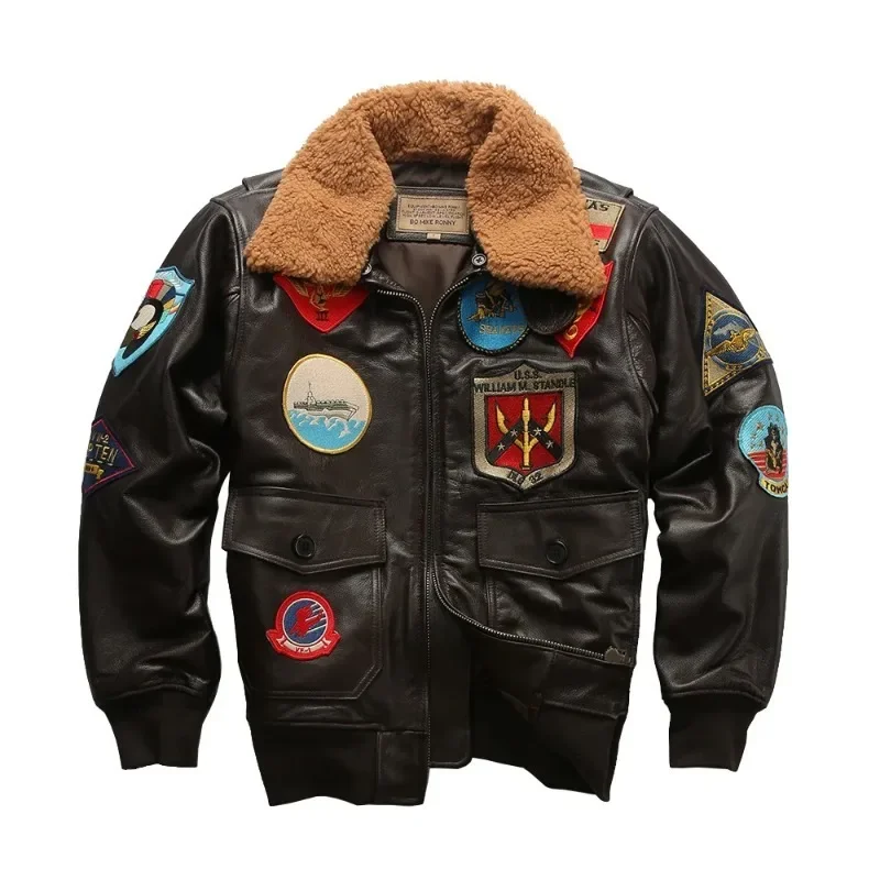 

Top Gun, 100% натуральная куртка из воловьей кожи, шерстяной воротник, коричневая, черная одежда, мотоциклетная вышивка, унисекс, пальто из натуральной кожи