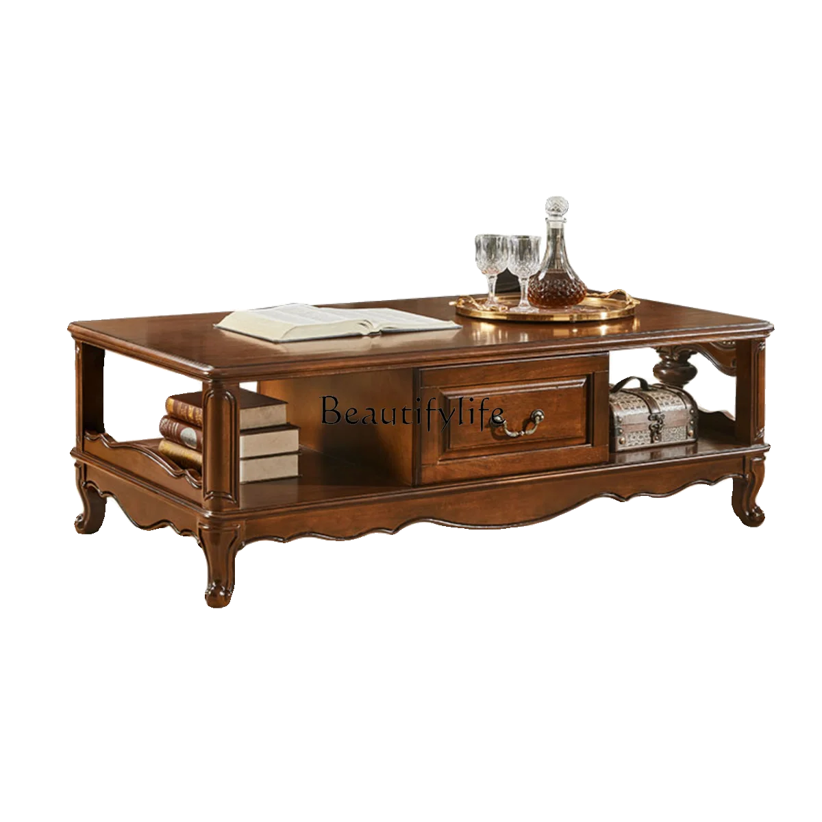 American solid wood coffee table rectangular living room with drawers storage household tea table