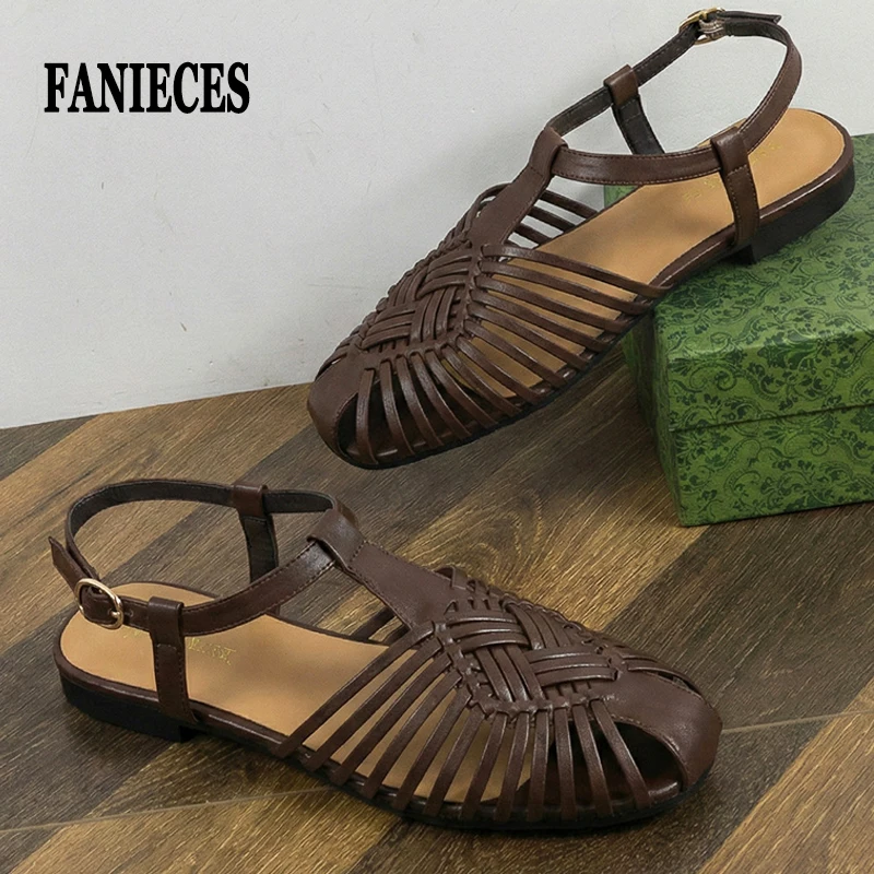 

Women Flat Sandals T-Strap Ankle Buckle Narrow Band Weave Hollow Big Size Summer Footwear Retro Roman Gladiator Sandalias Zapato