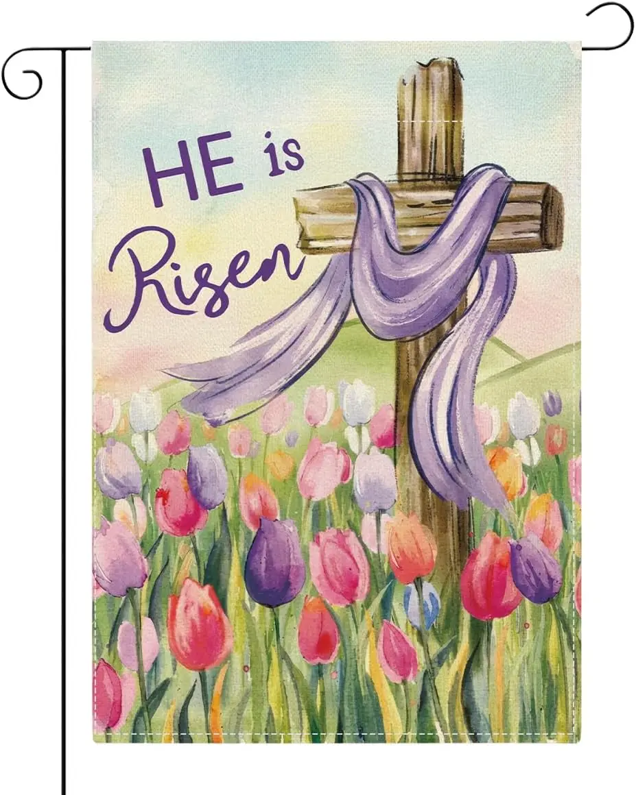 He Is Risen Easter Garden Flag Christian Cross Tulip Easter Garden Flag Decor Spring Double Sided House Flag for Outside Yar jjp